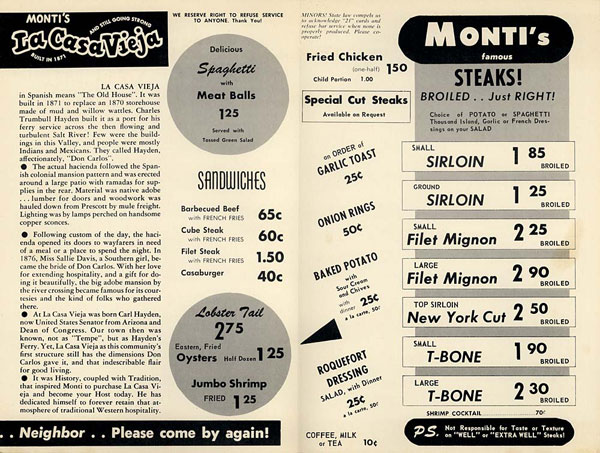 Postwar Phoenix Vintage Menus