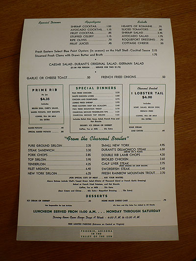 Postwar Phoenix Vintage Menus