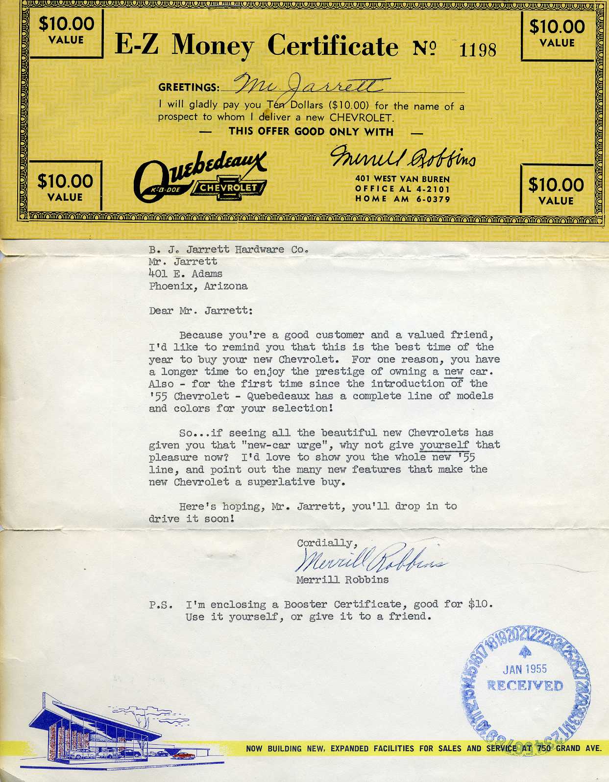 Booster Certificate for Quebedeaux Chevrolet in Phoenix Arizona by Victor Gruen with Ralph Haver
